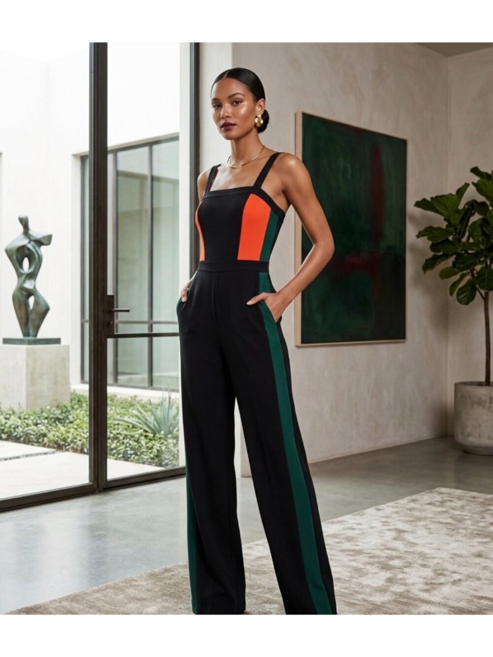 Charlotte Russe Jumpsuit With Square size large Neckline & Side Pockets - Black